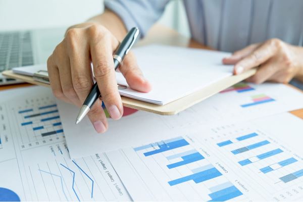 Image of an individual looking over charts and graphs