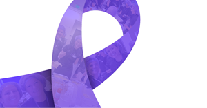 A purple cancer awareness ribbon made up of photos of Exact Sciences volunteers