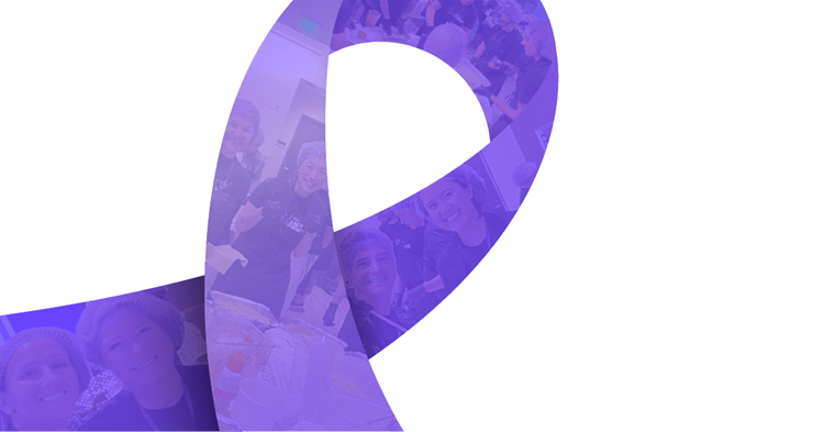 A purple cancer awareness ribbon made up of photos of Exact Sciences volunteers