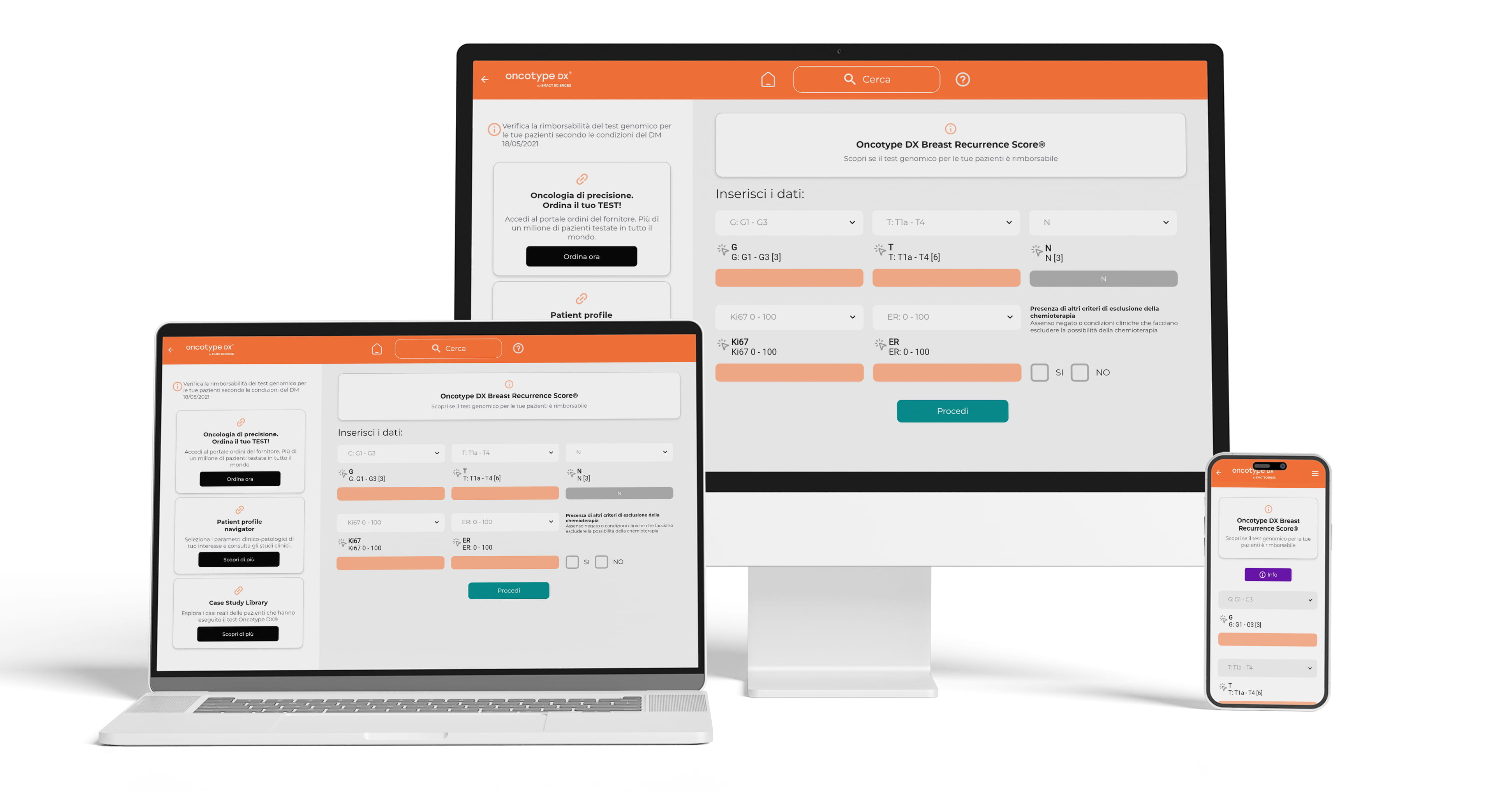 Reimbursement app displaying on a desktop computer, laptop, and mobile phone.