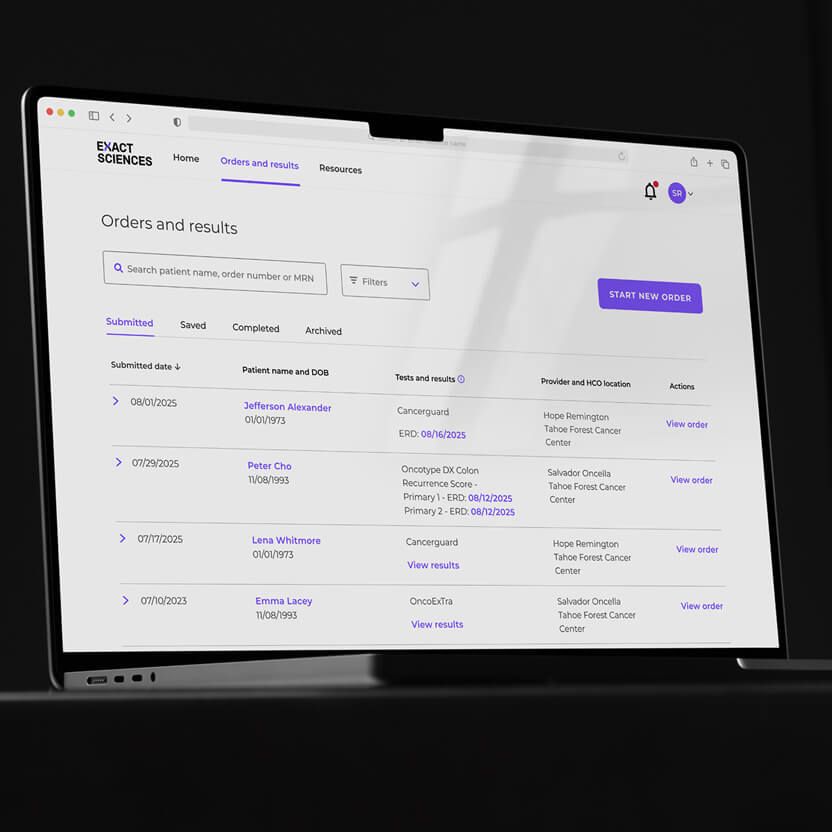 A close up of the orders and results webpage.
