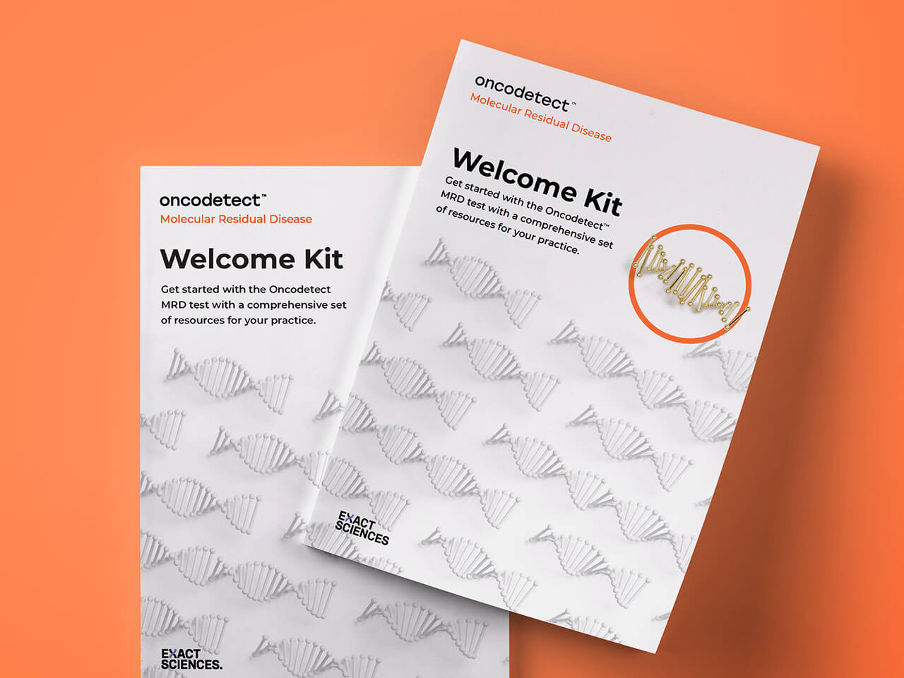 Two folders that say “Welcome Kit” sitting on an orange background.
