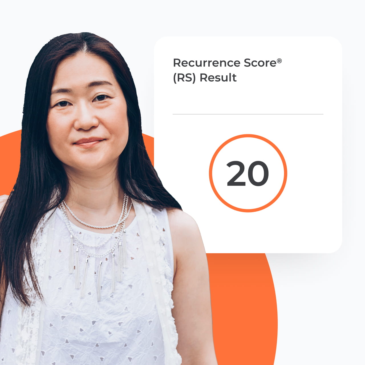 A woman standing next to a card with a test score of 20.