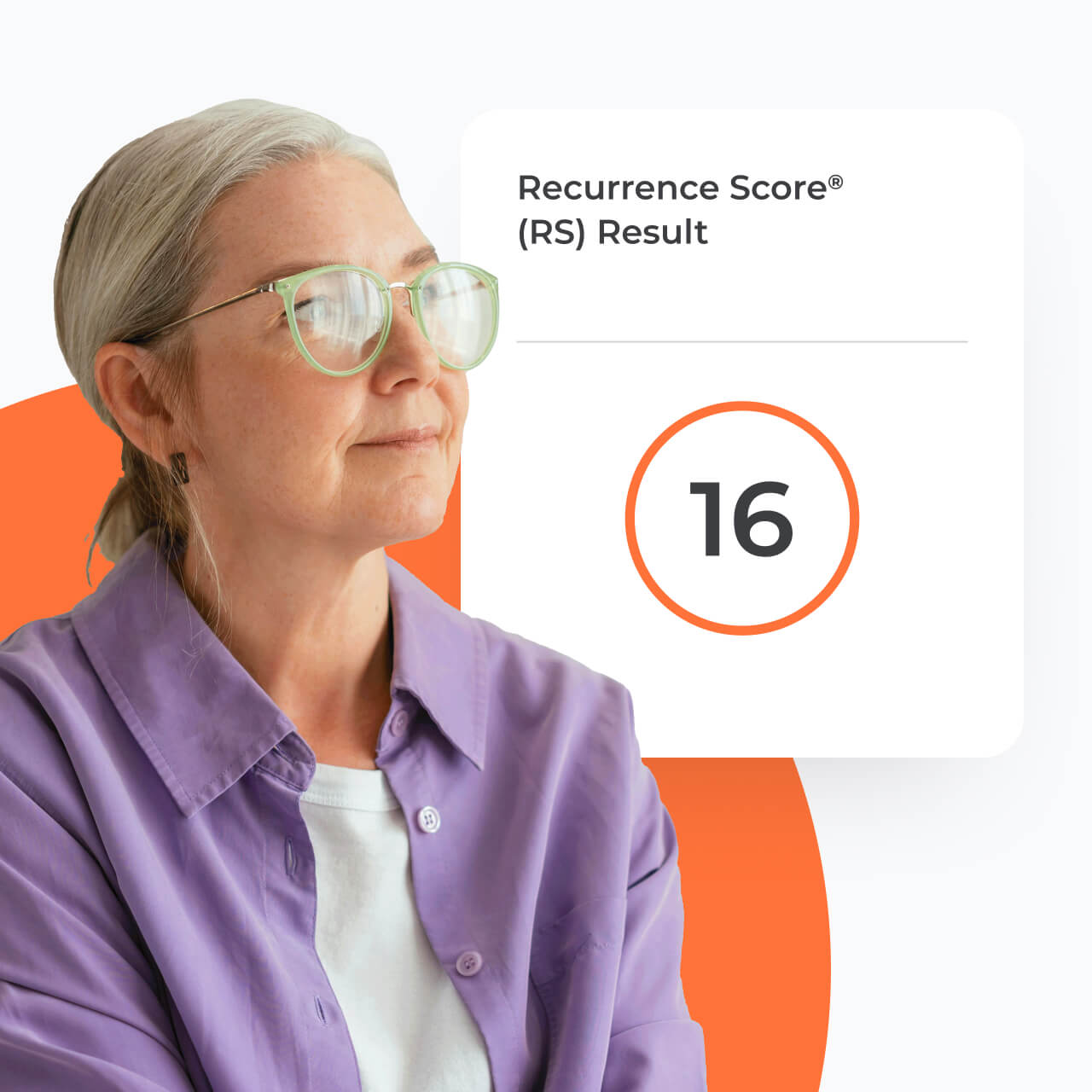 A woman standing next to a card with a test score of 16.