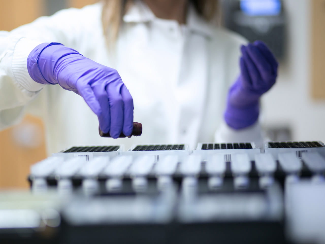 A lab technician filling a tray of test tubes.