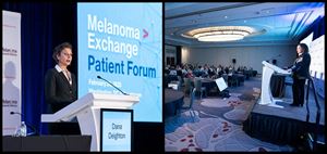 Images of Dana Deighton, director of communications and engagement at Melanoma Research Alliance and Allison Betof Warner, MD, PhD, assistant professor of medicine at Standford Medicine delivering speeches during the 2025 Melanoma Exchange Patient Forum.