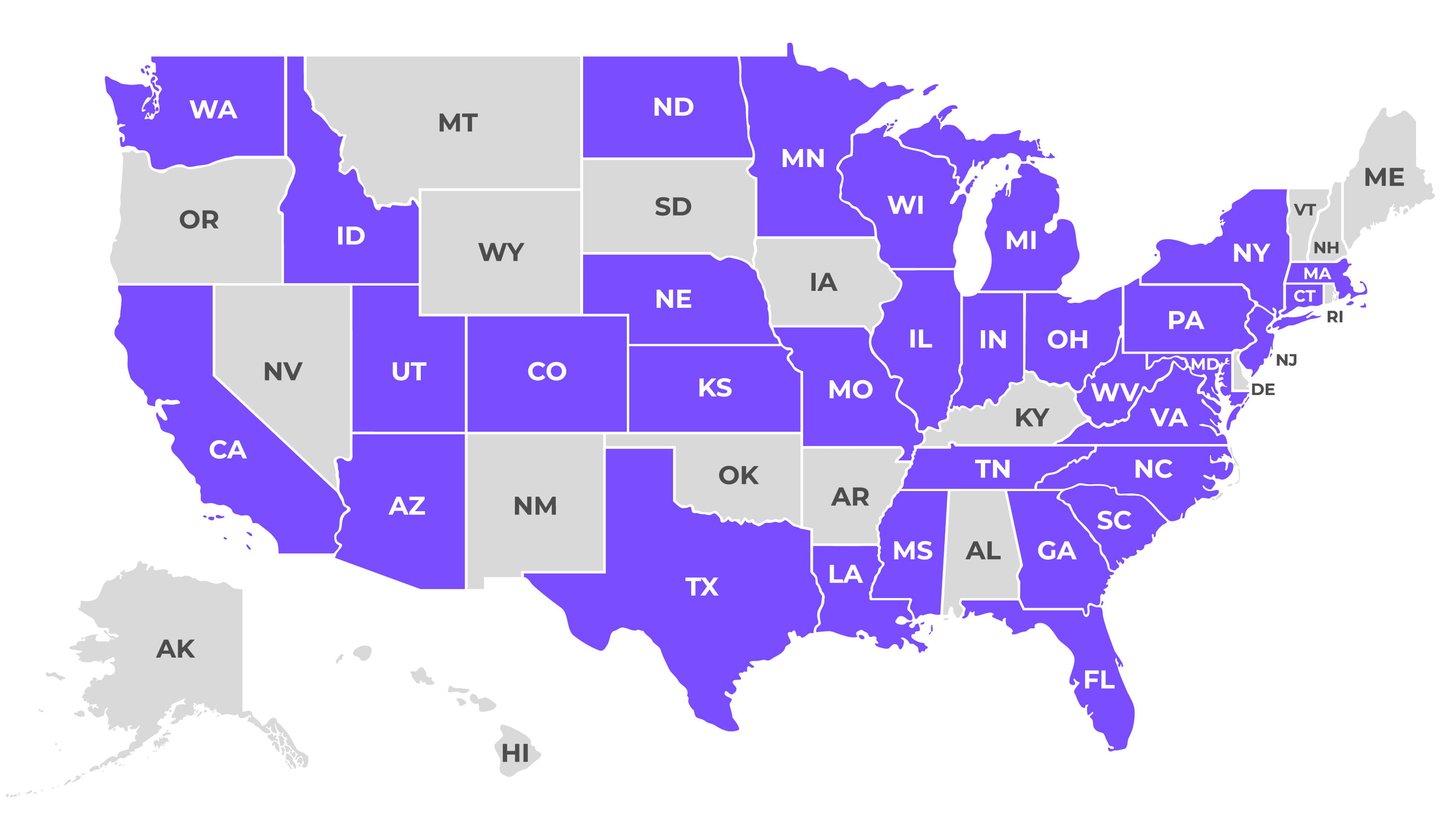 Map with states that have received grants.